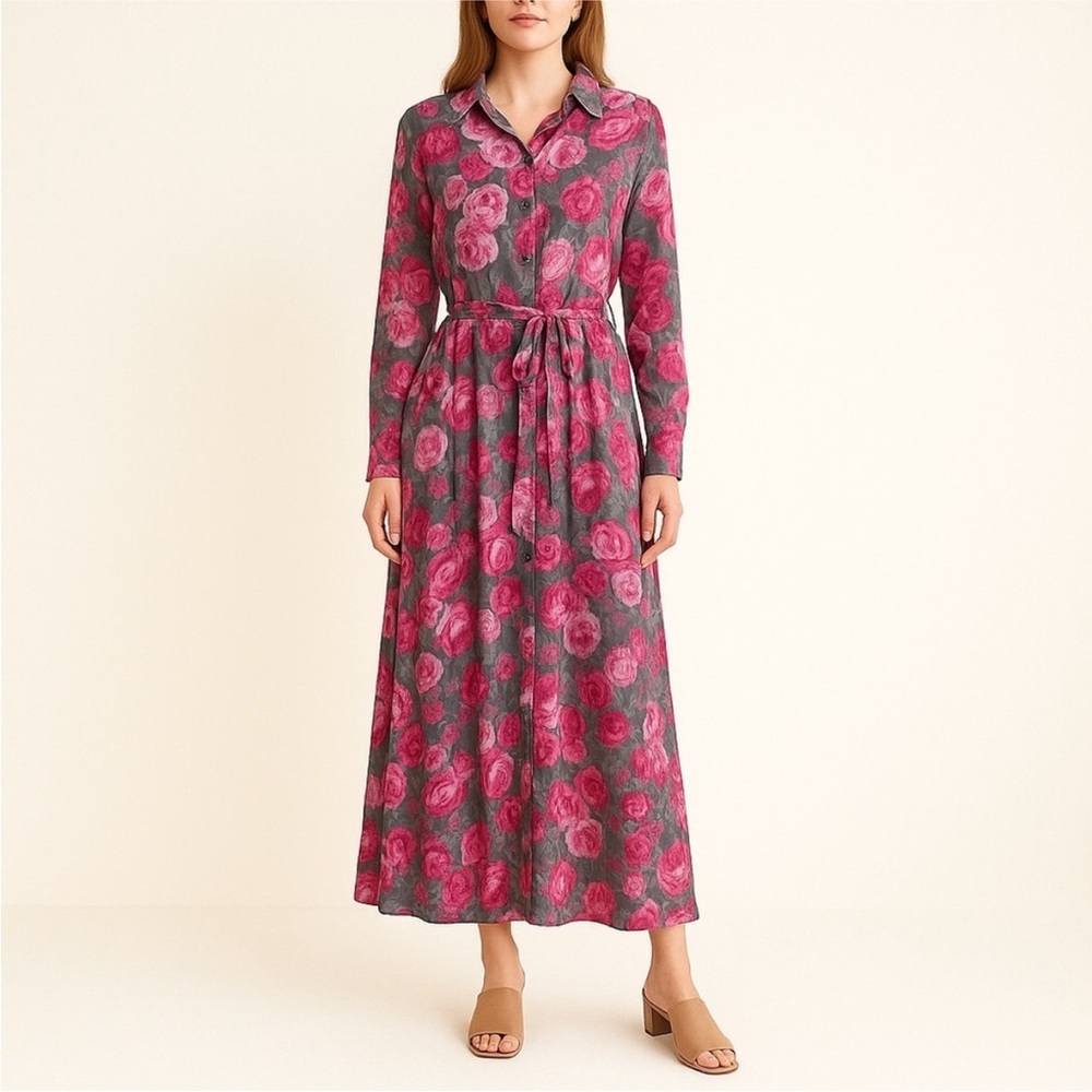 Torrid Maxi Shirt Dress Floral Collared Belted Button Up Pink Gray Size 12 Large